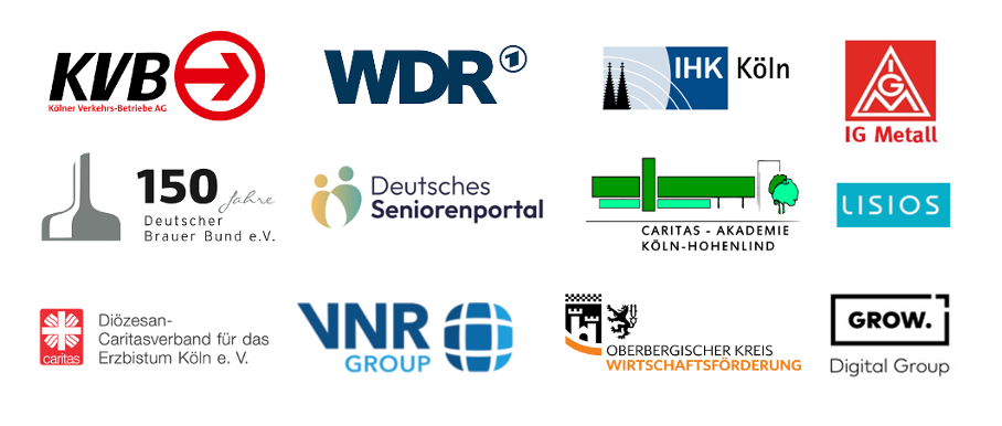 Auftraggeber: KVB, WDR, IHK Köln, IG Metall, Deutscher Brauer-Bund, Deutsches Seniorenportal, Caritas-Akademie Köln-Hohenlind, LISIOS, Diözesan-Caritasverband für das Erzbistum Köln, VNR Group, Oberbergischer Kreis, GROW Digital Group